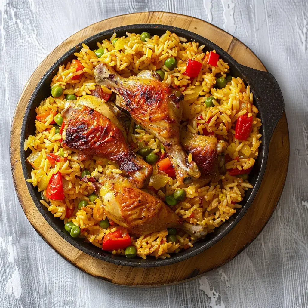 Un plat de riz coloré accompagné de cuisses de poulet dorées, parsemé de poivrons rouges et de petits pois.