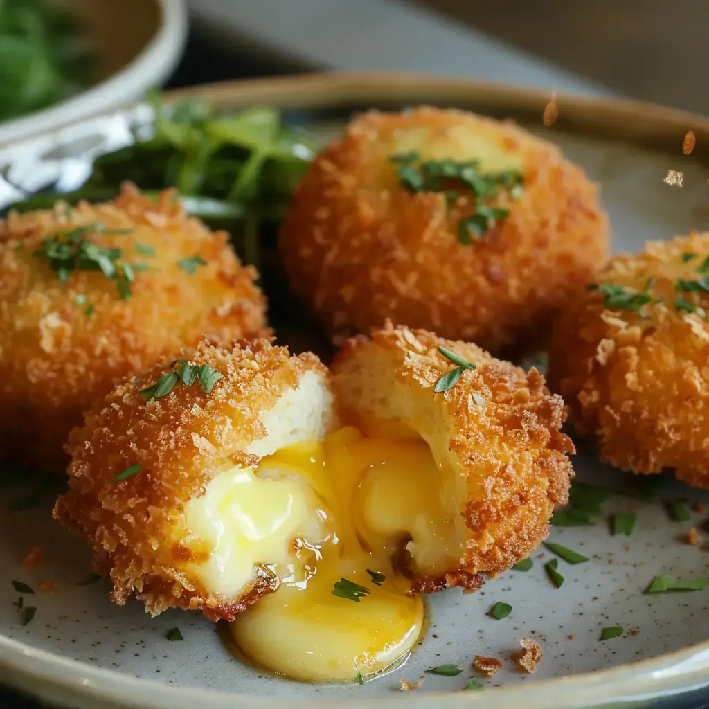 Des croquettes dorées croustillantes avec un cœur coulant de fromage, servies sur une assiette avec des herbes.