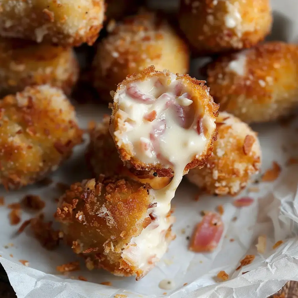 Des croquettes croustillantes coupées en deux, révélant un intérieur crémeux avec des morceaux de jambon.