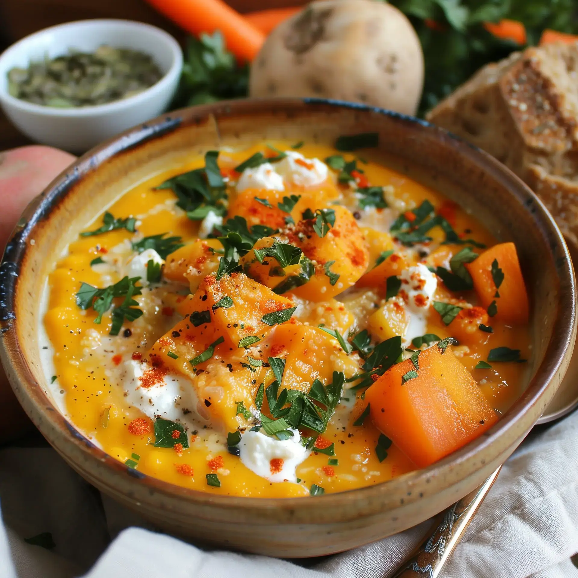 Un bol de soupe de courge garnie de crème, de persil frais et de paprika, accompagné de pain et de légumes en arrière-plan.