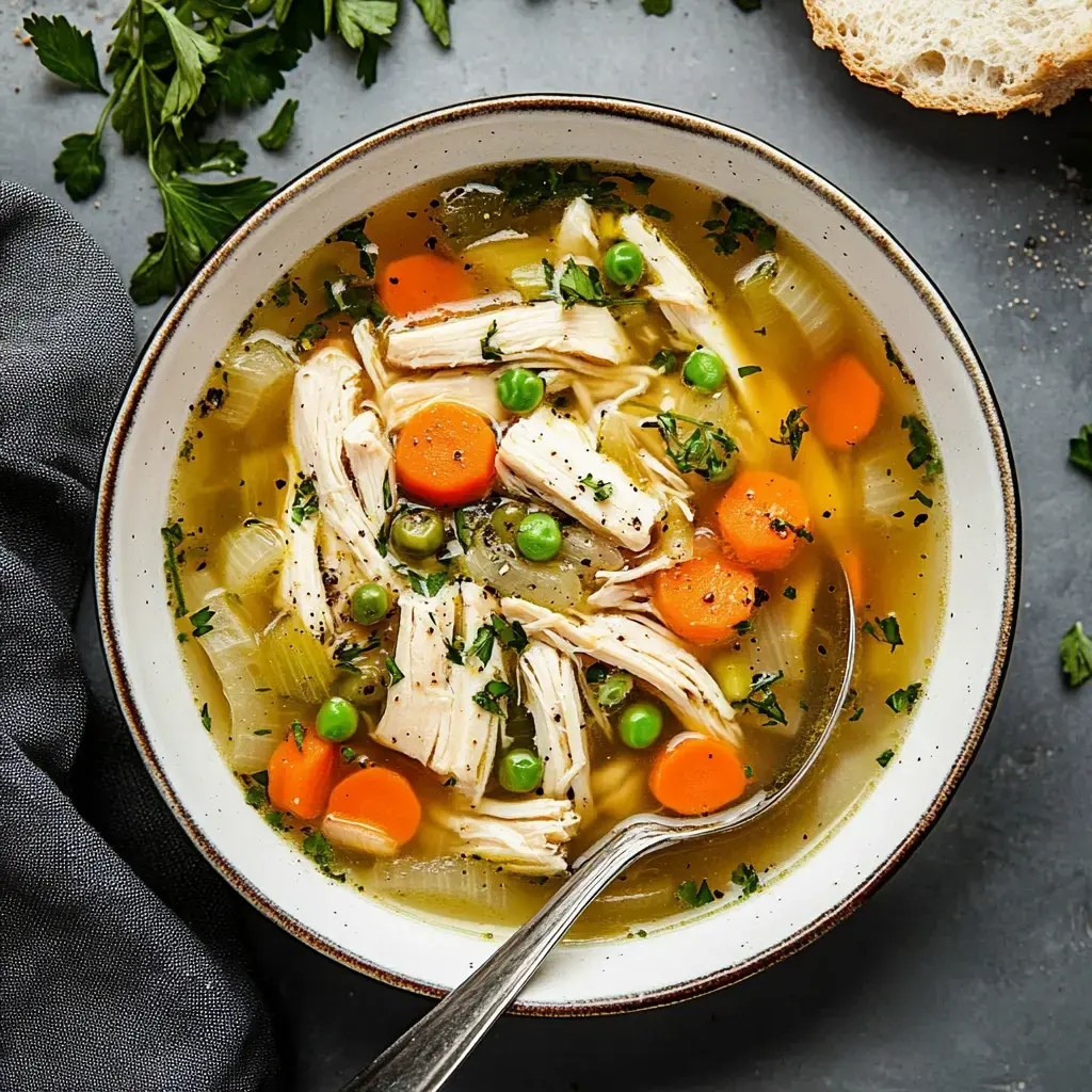 Une soupe au poulet avec des carottes, des petits pois et du céleri, garnie de persil frais.