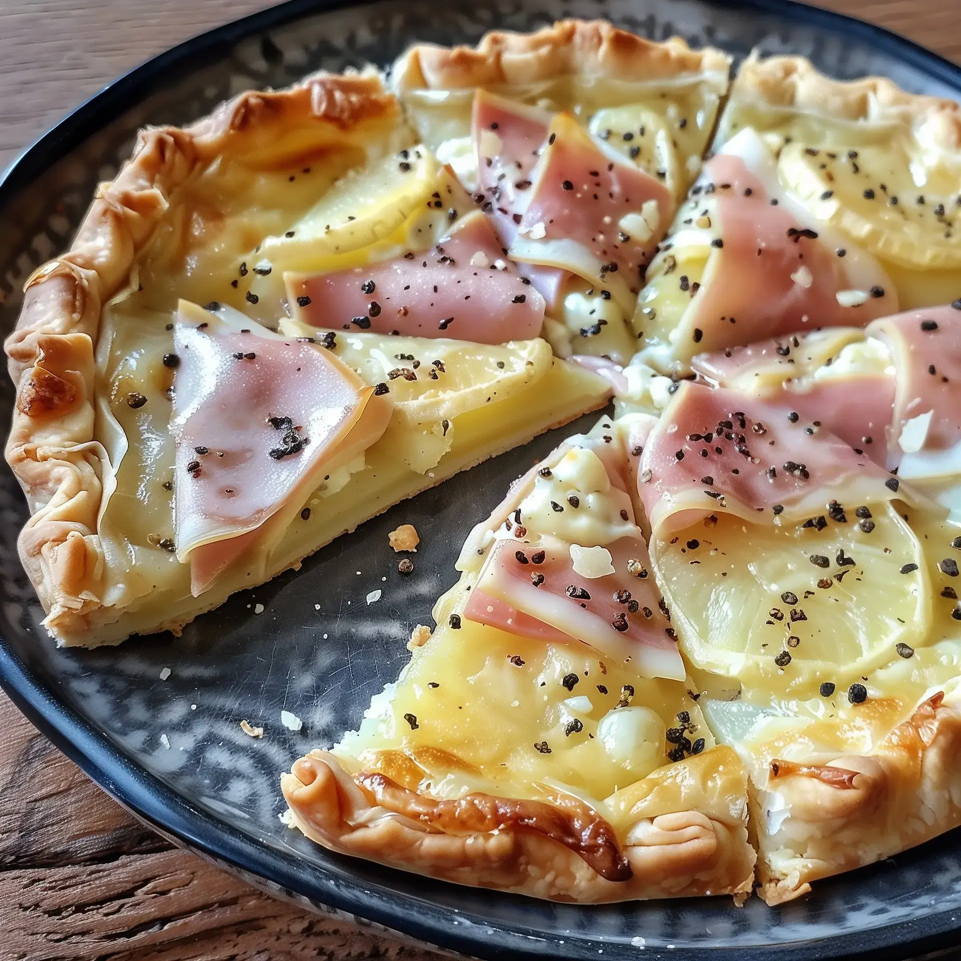 Une tarte salée découpée en parts avec du jambon, des pommes de terre, et des assaisonnements, servie sur une assiette.