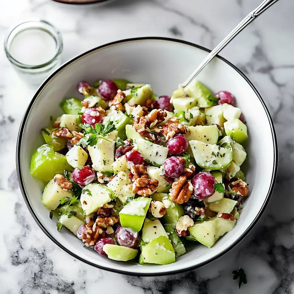 Une salade colorée avec des pommes, des raisins, des noix de pécan et des herbes fraîches dans un bol.