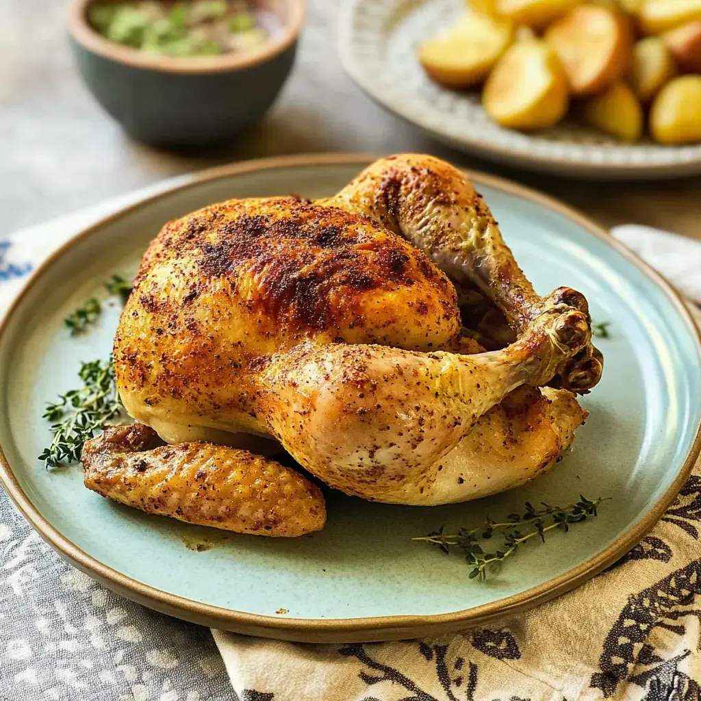 Un poulet rôti doré, assaisonné et entouré de brins de thym, est présenté sur une assiette bleue.