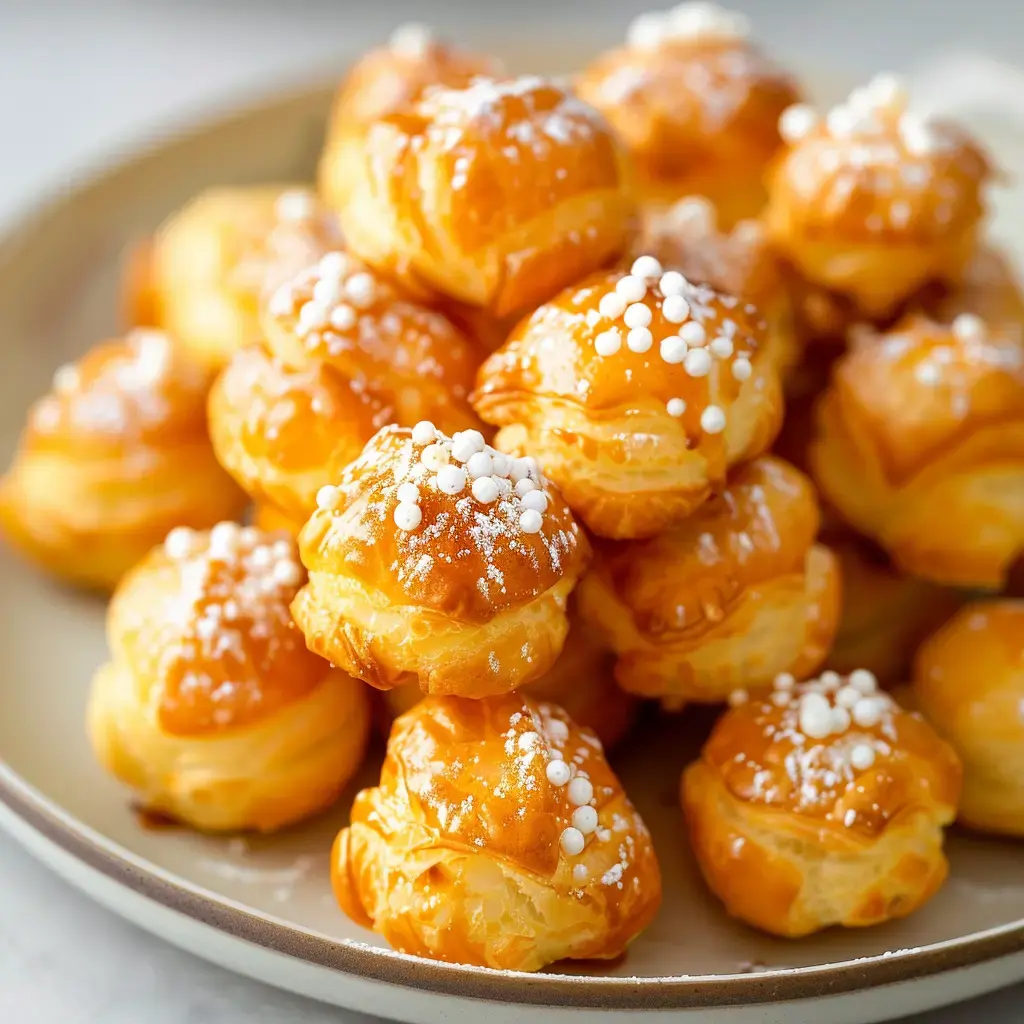 Un plat rempli de petits choux dorés décorés de sucre glace et de perles blanches.