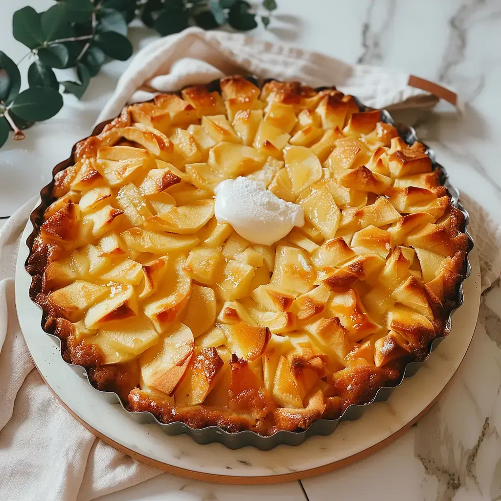 Une tarte aux pommes dorée, garnie de tranches de pommes et surmontée d'une cuillerée de crème, est présentée sur une assiette.