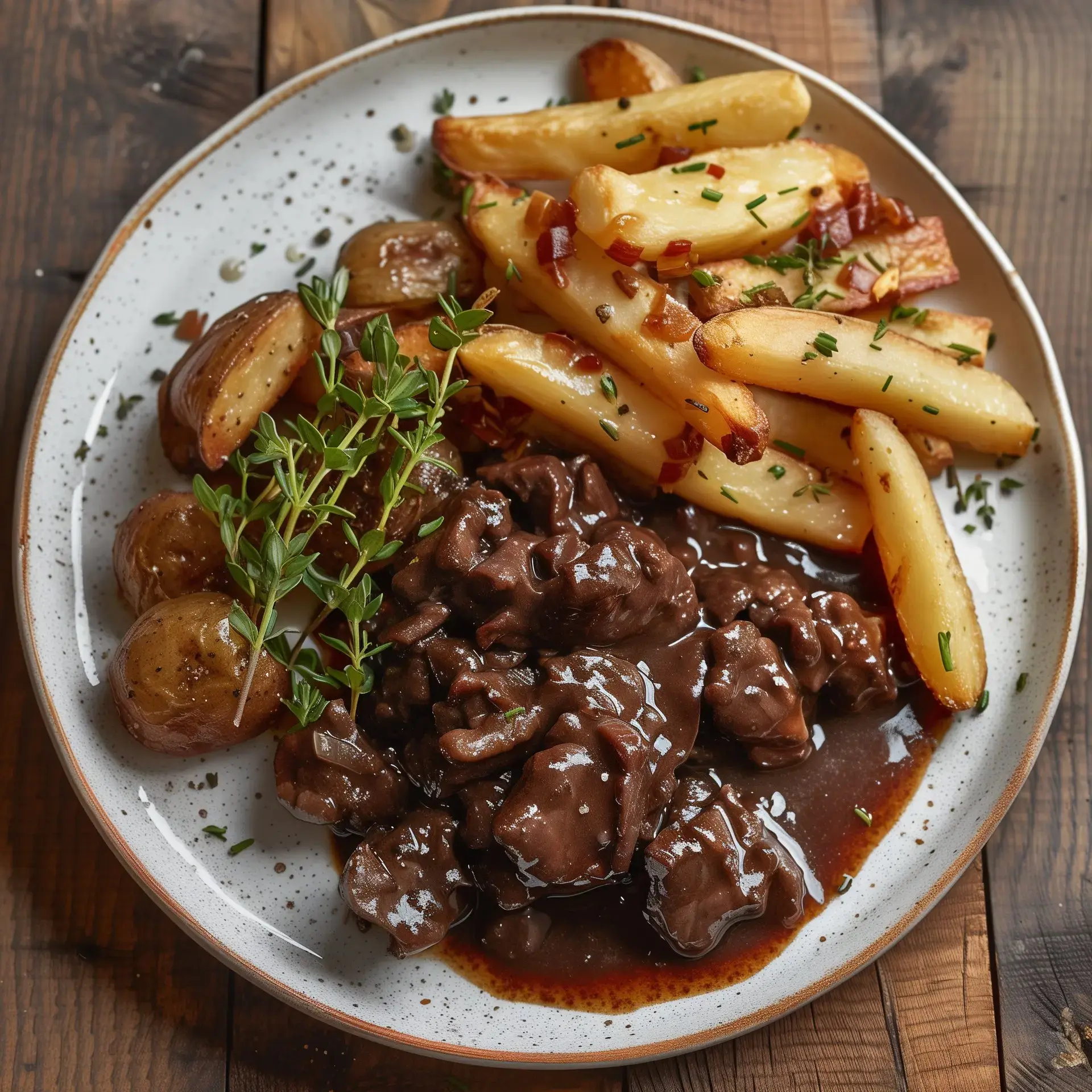 Plat de viande en sauce avec des pommes de terre rôties et des herbes fraîches sur une assiette blanche.