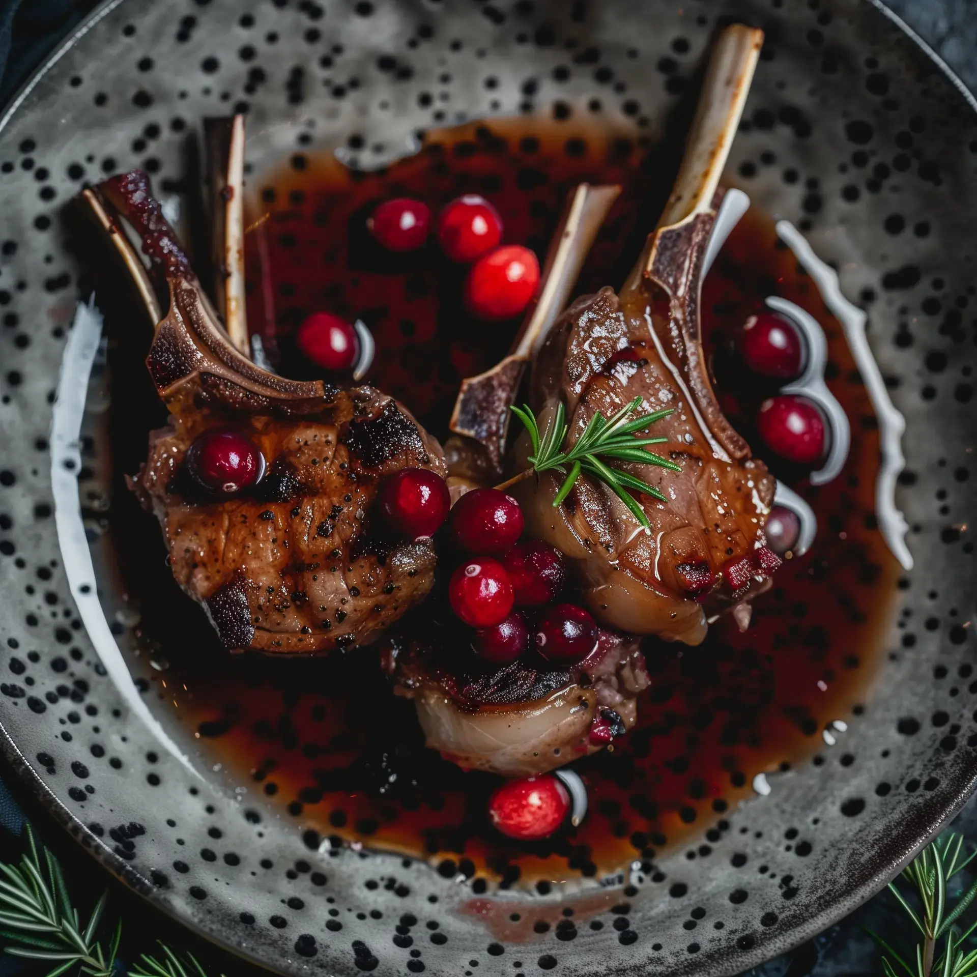 Un plat de côtelettes d'agneau grillées, garnies de canneberges et d'une sauce foncée, sur une assiette décorative.