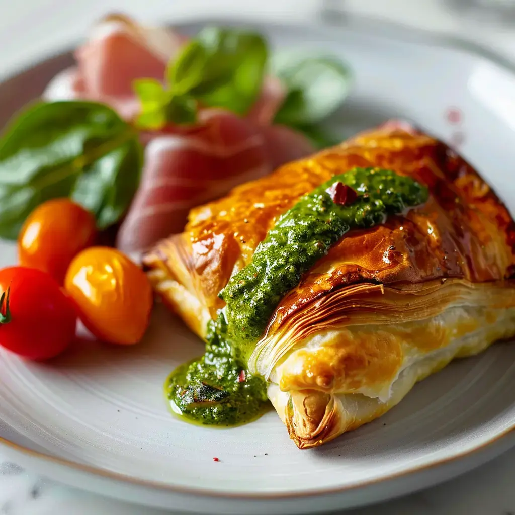 Un feuilleté doré garni de sauce pesto, accompagné de tomates cerises et de prosciutto sur une assiette.