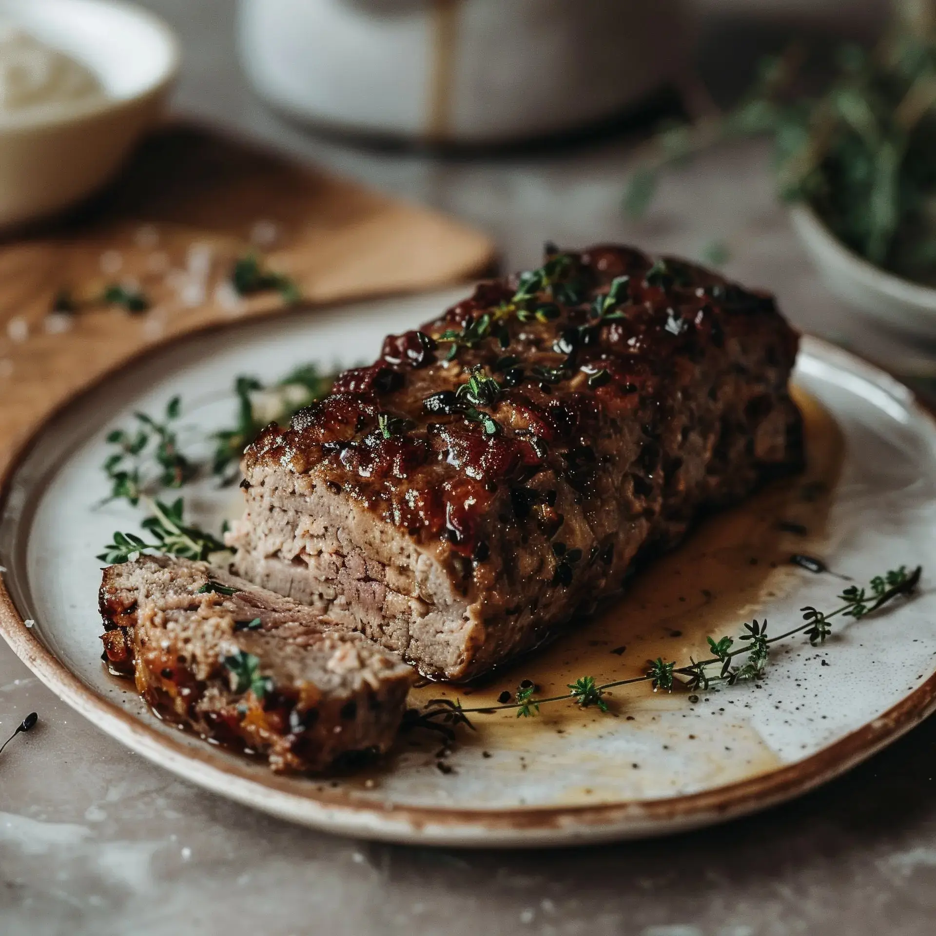 Un plat de viande hachée avec une garniture de sauce et des herbes, servi avec une tranche coupée à côté.