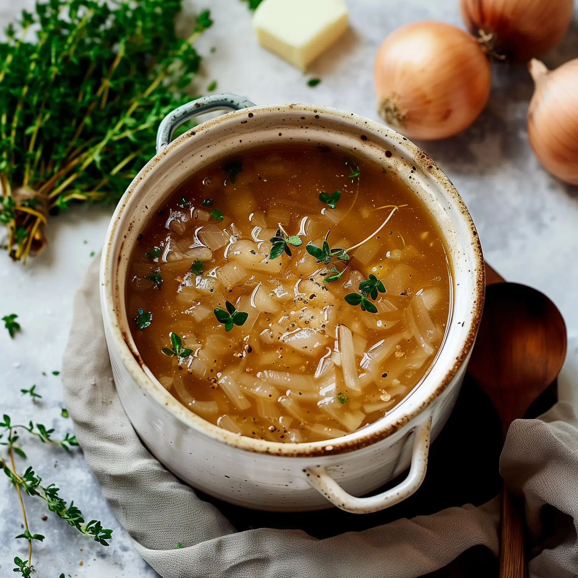 Une soupe de légumes chaude, garnie de thym frais, dans une casserole en céramique, accompagnée d'oignons et d'une noix de beurre.