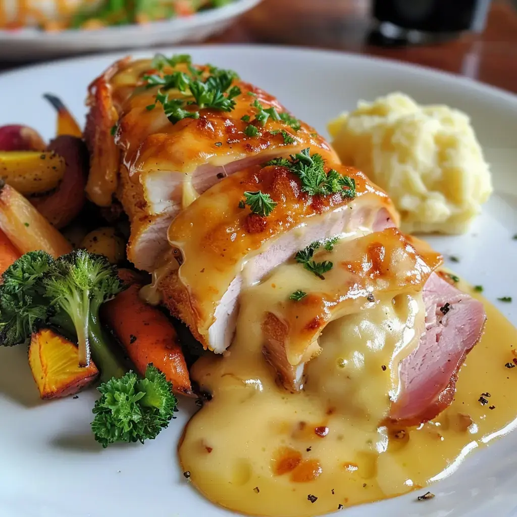 Plat de poulet rôti garni de sauce crémeuse, accompagné de légumes colorés et de purée de pommes de terre.