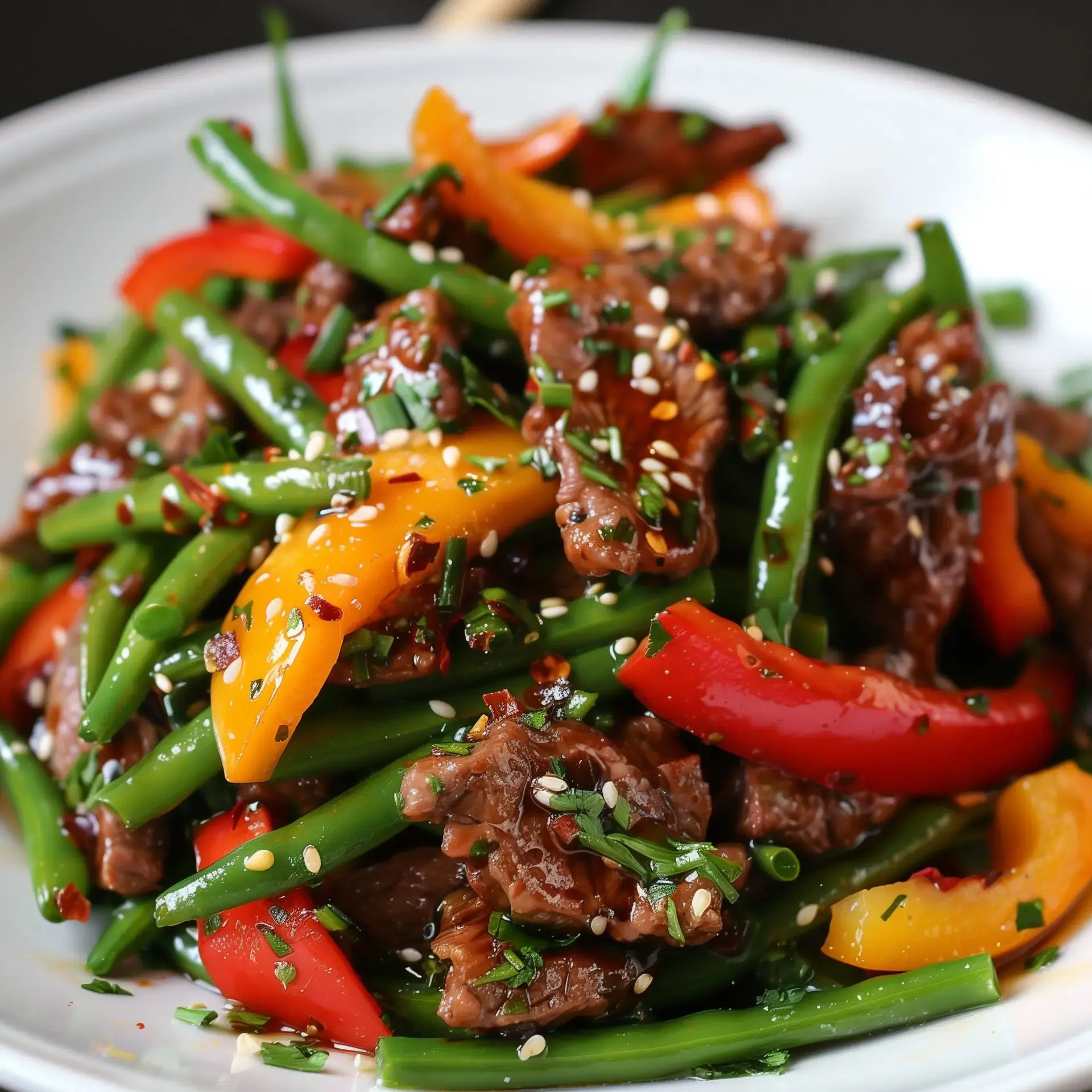 Un plat de bœuf sauté accompagné de haricots verts, de poivrons rouges et jaunes, garni de graines de sésame et de ciboulette.