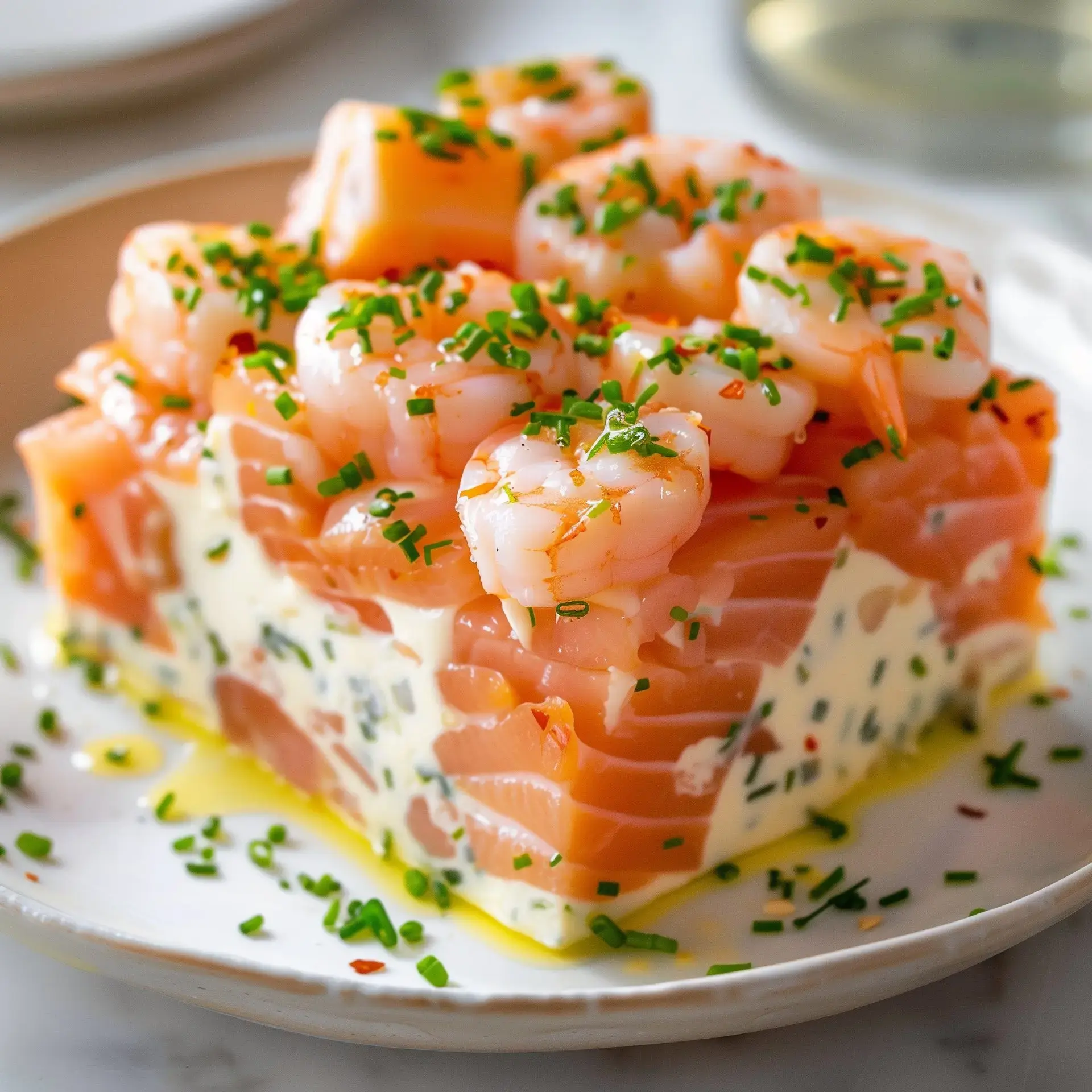 Un pavé de saumon aux crevettes décoré de ciboulette sur une assiette.