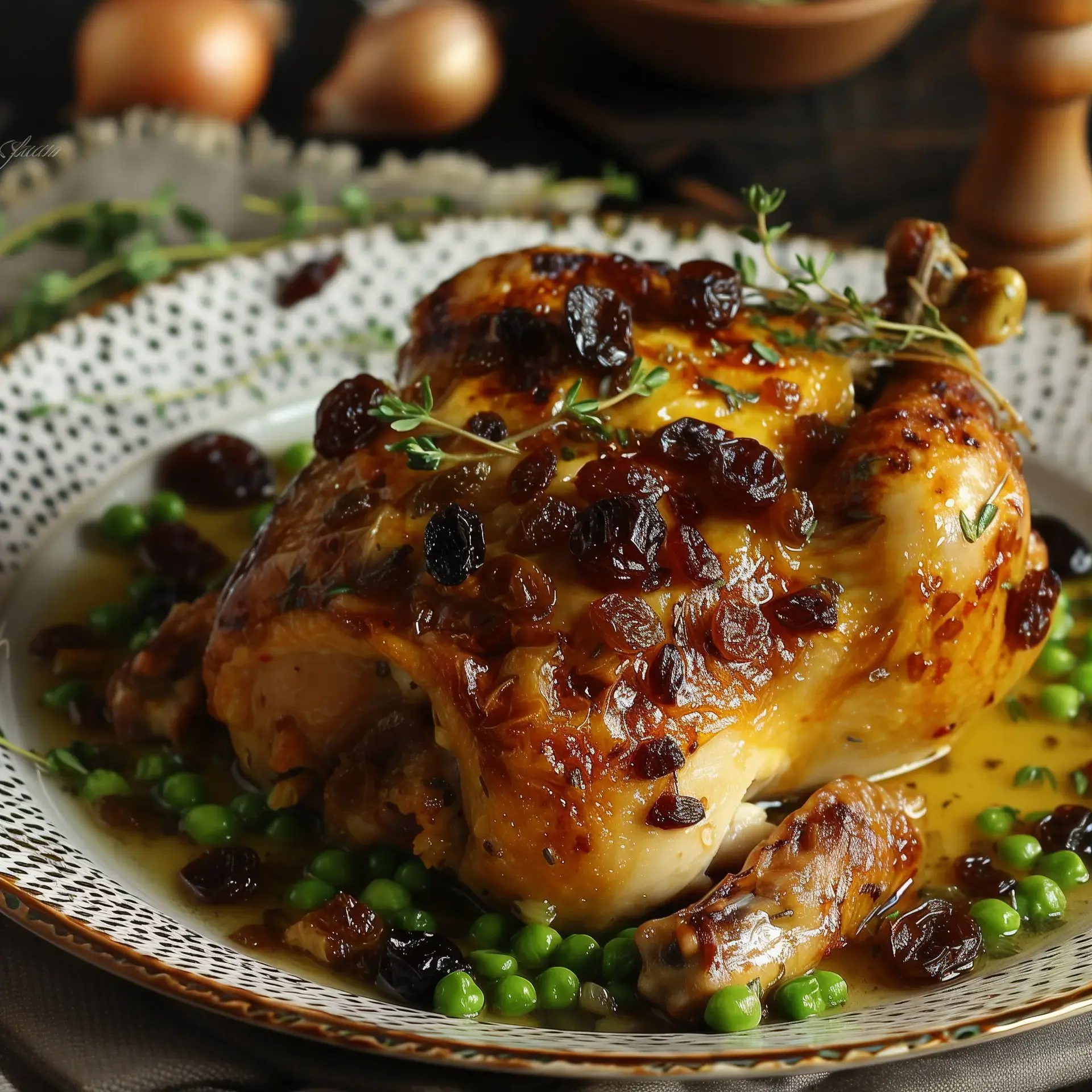 Un poulet rôti doré aux raisins secs est servi sur un lit de petits pois verts.