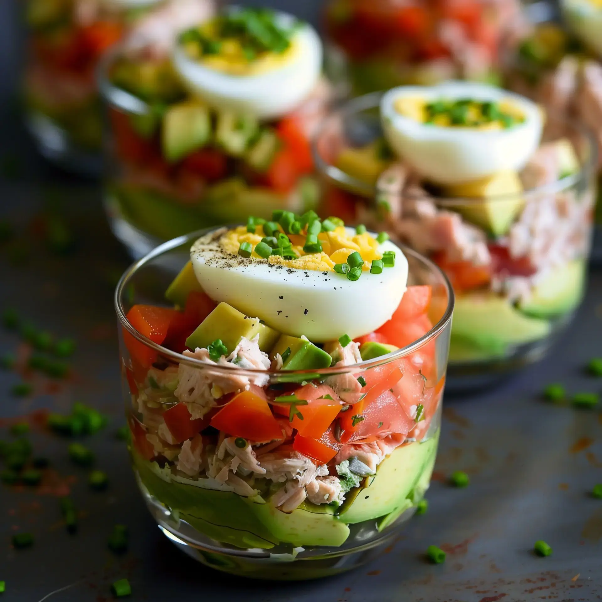 Des coupes de salade colorées contenant des tomates, de l'avocat, du thon, et un œuf dur sur le dessus, garnies de ciboulette.