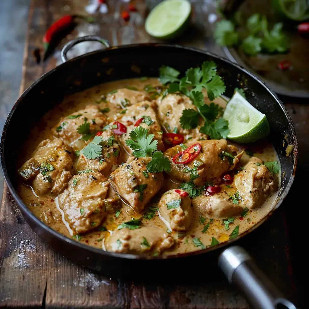 Un plat de poulet cuit dans une sauce crémeuse avec de la coriandre, des tranches de piment et des quartiers de lime, servi dans une poêle en métal.