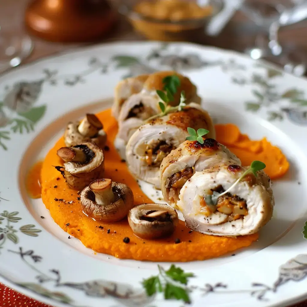 Un plat élégant composé de rouleaux de poulet farcis, accompagnés de purée de carottes et de champignons grillés.