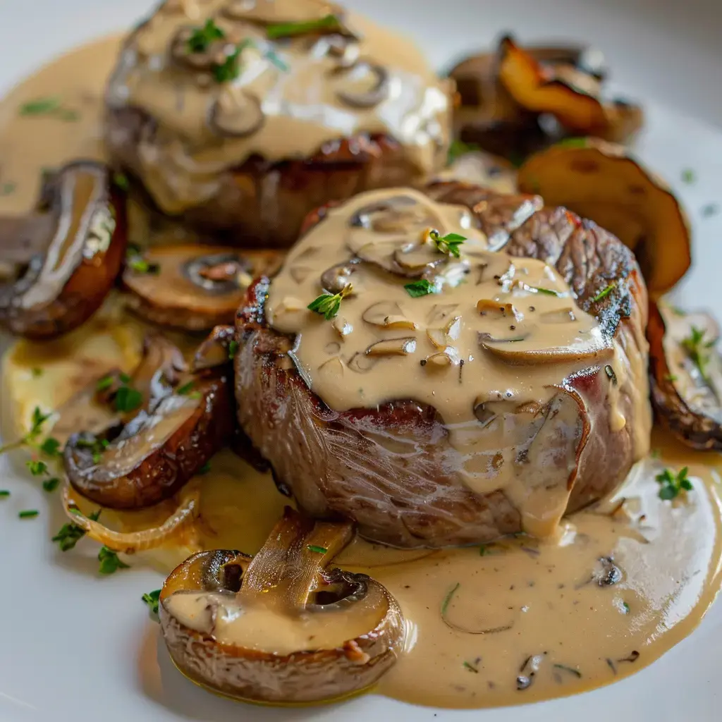 Deux médaillons de viande grillée nappés d'une sauce crémeuse aux champignons, accompagnés de tranches de champignons et d'herbes.