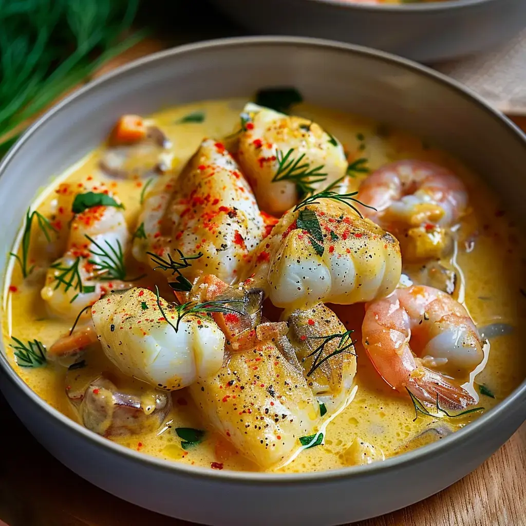 Un plat de fruits de mer avec des crevettes et des morceaux de poisson dans une sauce crémeuse, garni d'herbes fraîches et d'épices.