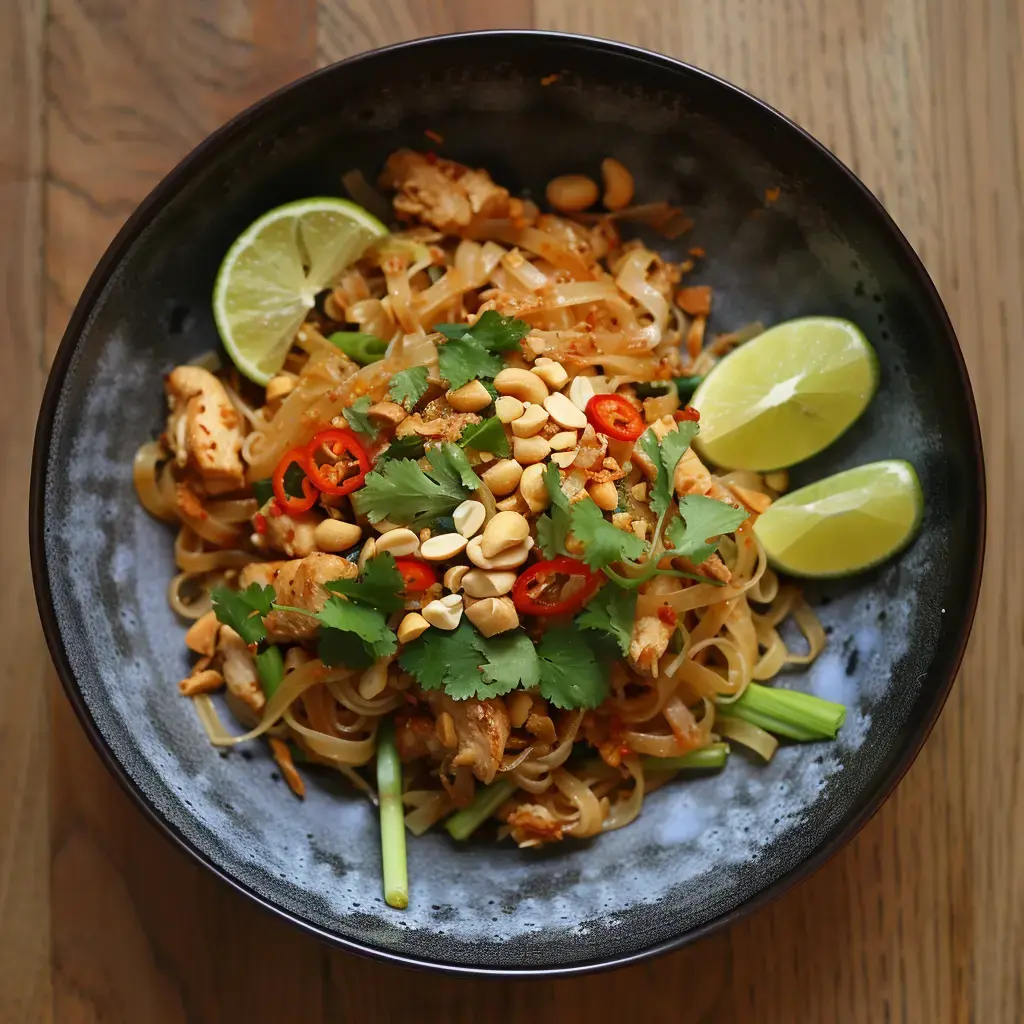 Un plat de nouilles sautées au poulet garni de noix de cajou, de piment, de coriandre et de quartiers de citron vert.