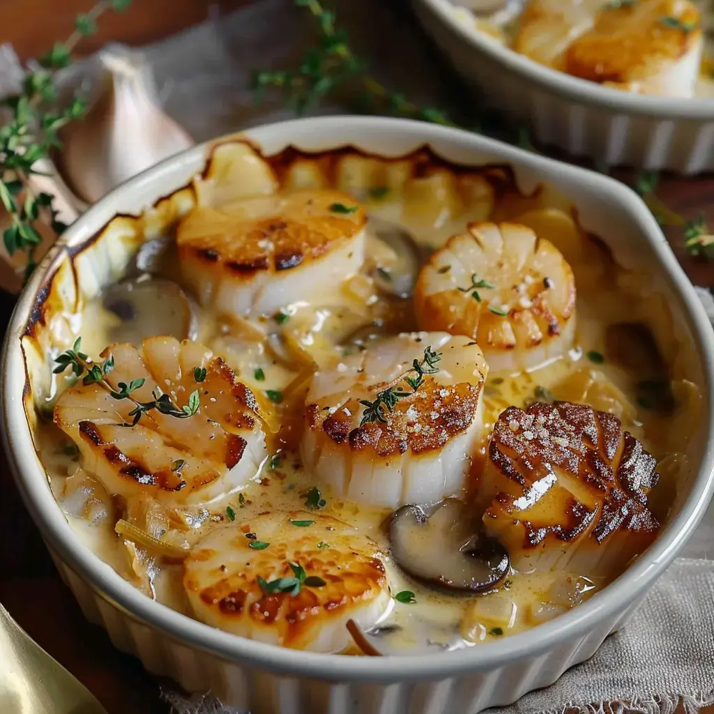 Un plat de coquilles Saint-Jacques gratinées dans une sauce crémeuse, garni de thym frais et de champignons.