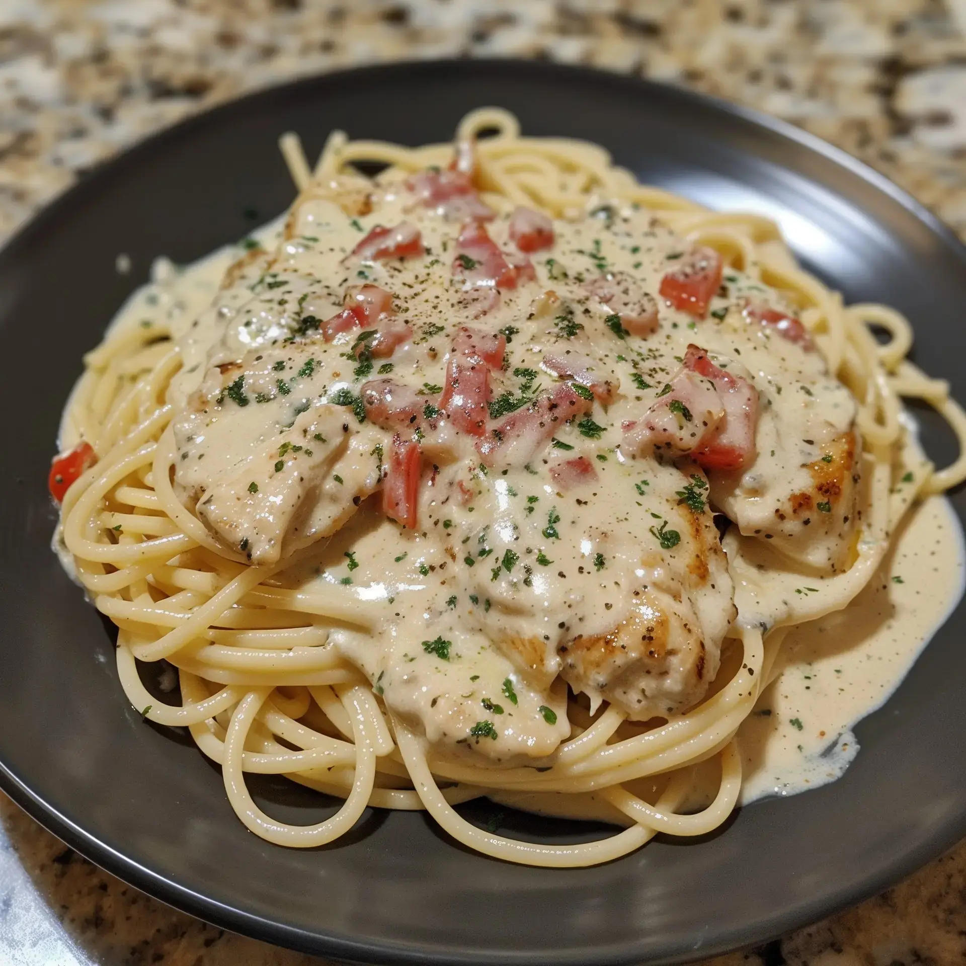 Un plat de spaghetti garnis de poulet, sauce crémeuse, tomates et persil, servi dans une assiette noire.