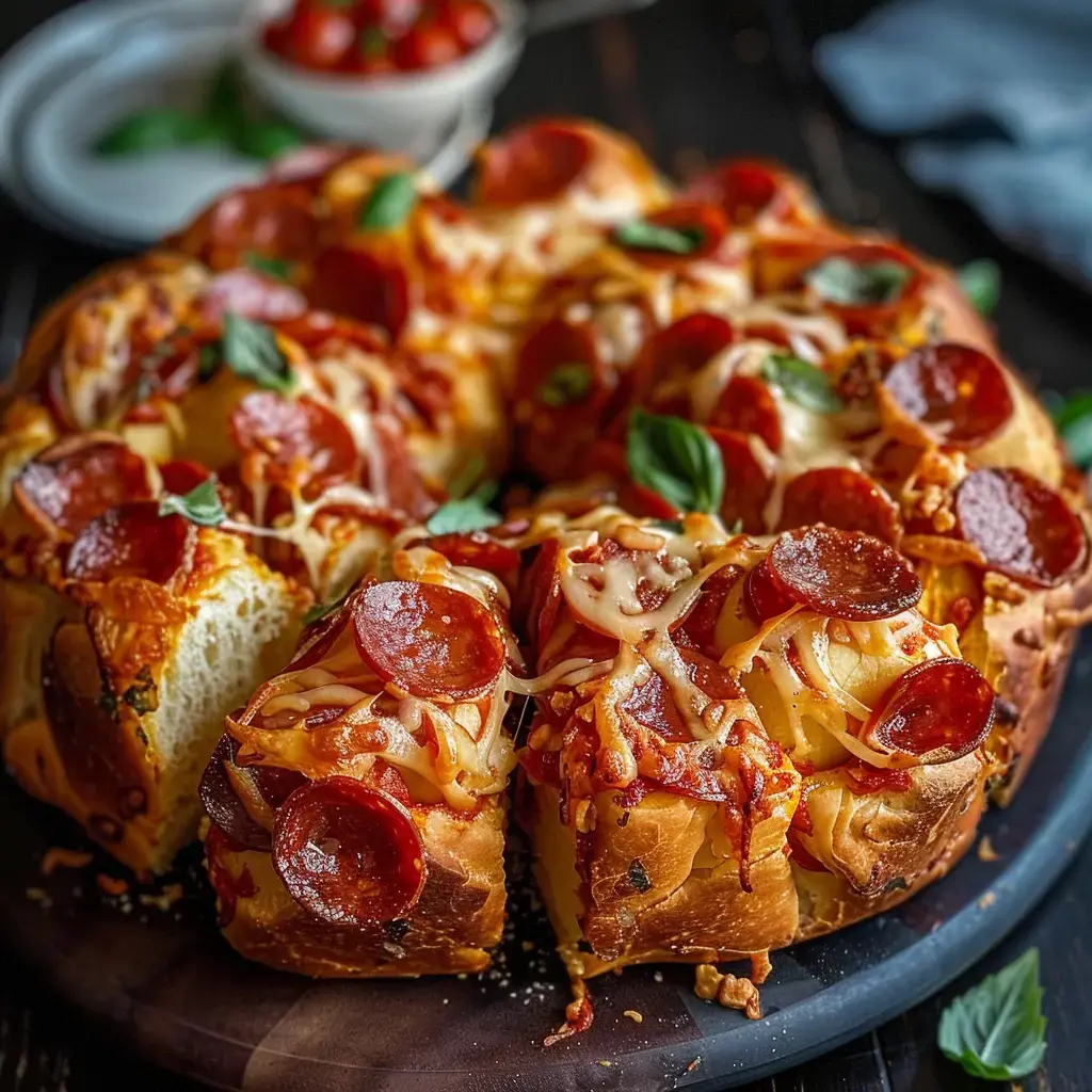 Pain à l'ail farci, garni de pepperoni et de fromage, accompagné d'une petite assiette de tomates cerises.