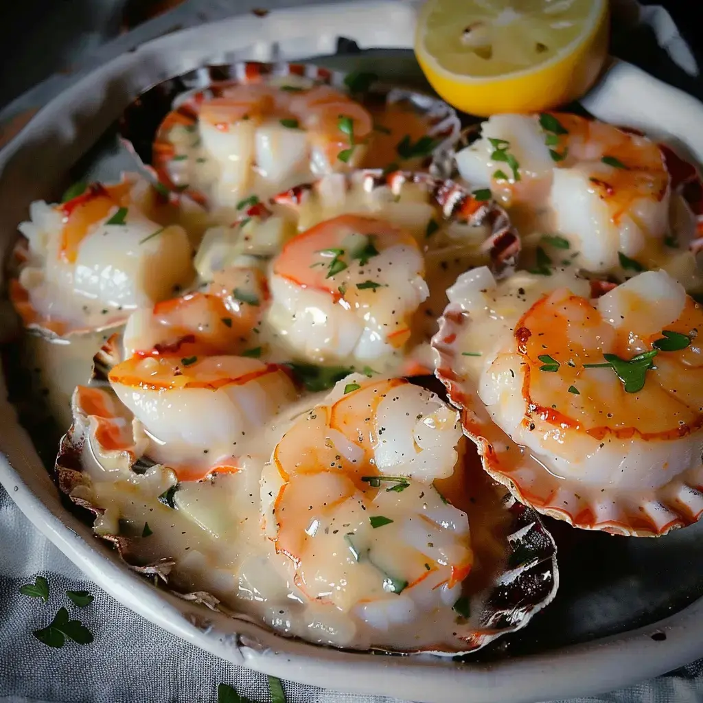 Des coquilles Saint-Jacques garnies de crevettes et de sauce, présentées avec un quartier de citron.