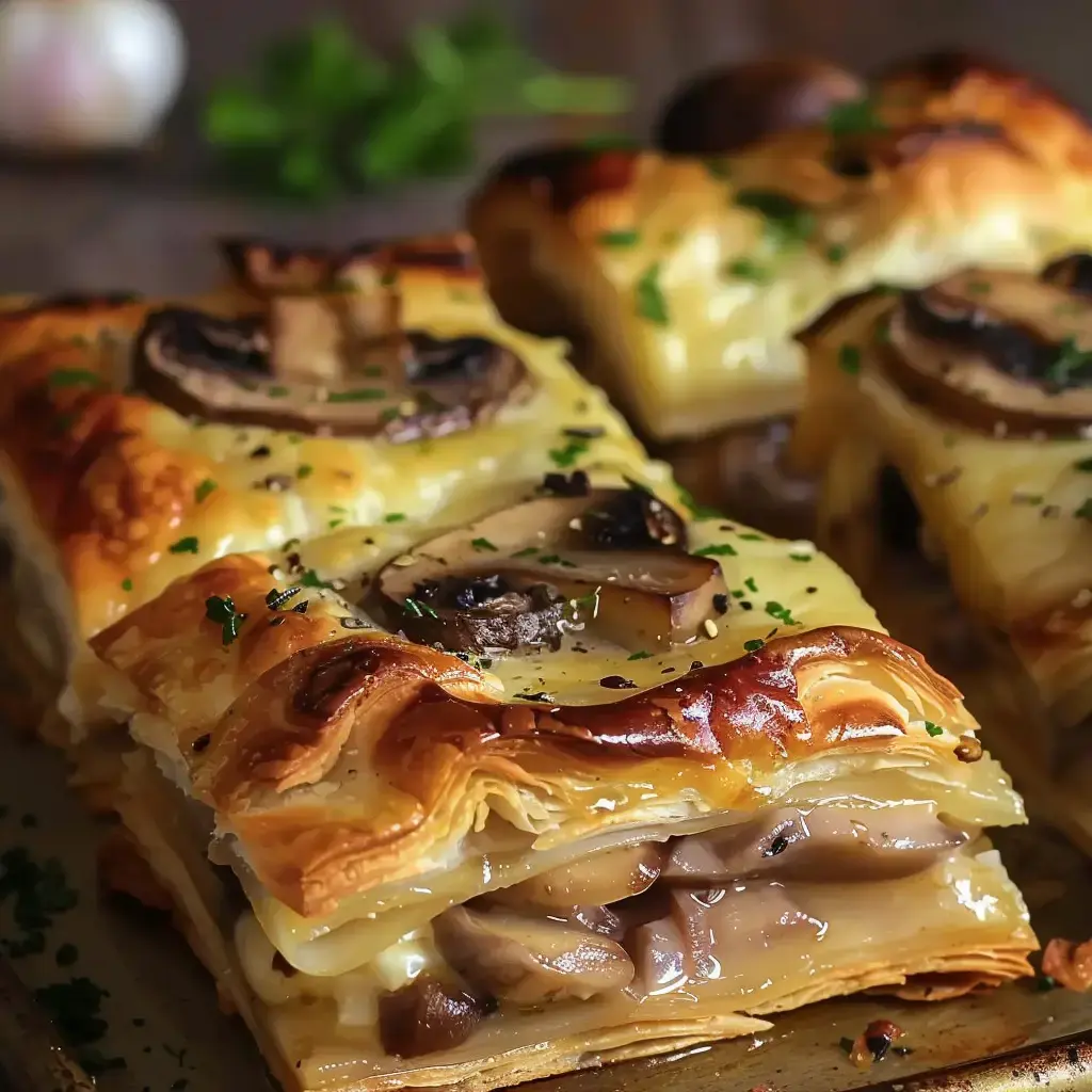 Une feuille de pâte feuilletée fourrée de champignons et de fromage, dorée et garnie d'herbes.