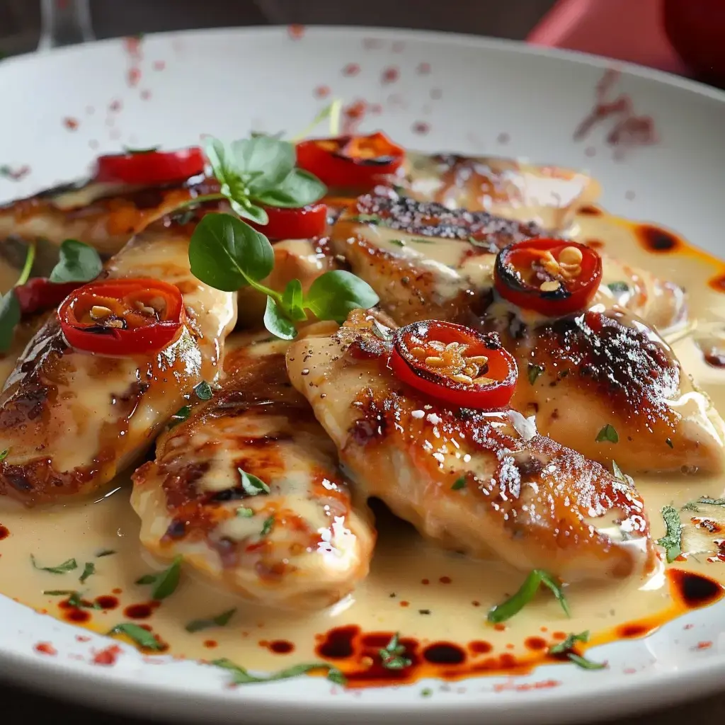 Un plat de filets de poulet grillés nappés d'une sauce crémeuse, garnis de rondelles de piment rouge et de feuilles de verdure.