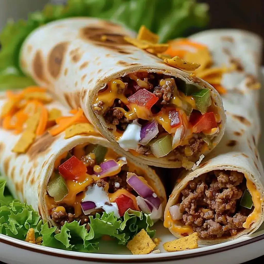 Des wraps fourrés de viande hachée, fromage, légumes variés et garnis de crème sure, servis sur un lit de laitue.