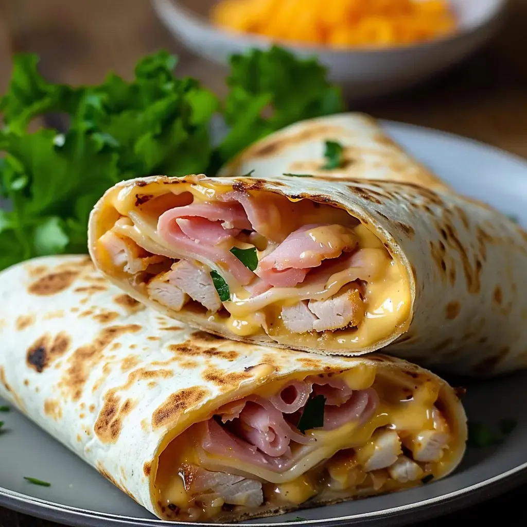 Wraps garnis de poulet, jambon, fromage fondu et morceaux de salade verte.