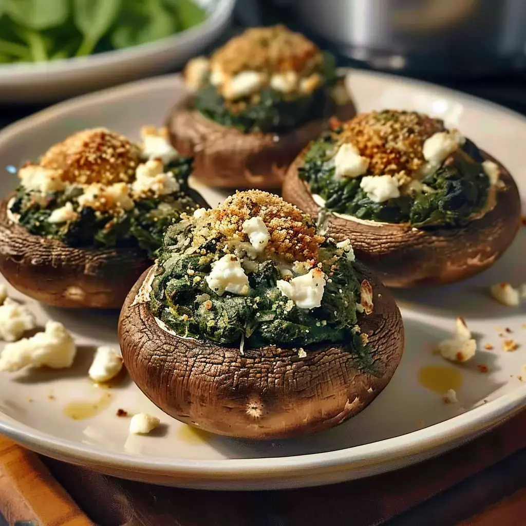 Champignons farcis aux épinards et fromage, garnis de chapelure, présentés sur une assiette.