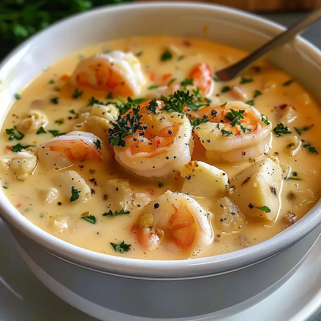 Un bol de soupe crémeuse aux crevettes et pommes de terre, garnie de persil frais et de poivre.