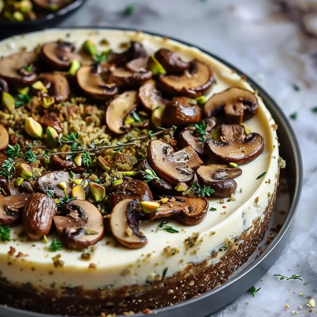 Un gâteau décoré de champignons sautés, de pistaches et de thym sur une croûte dorée.