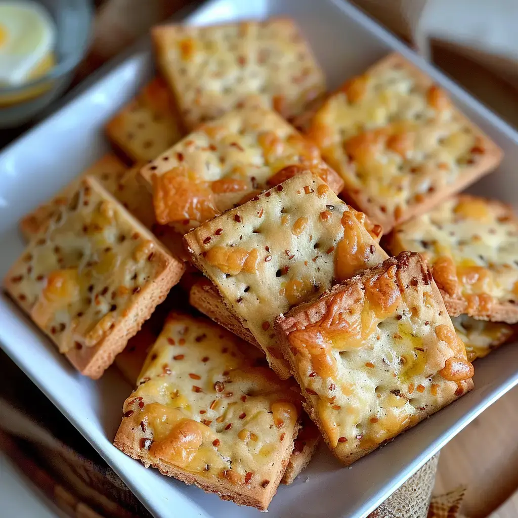 Des biscuits carrés dorés, garnis de fromage et de graines, présentés dans un plat blanc.