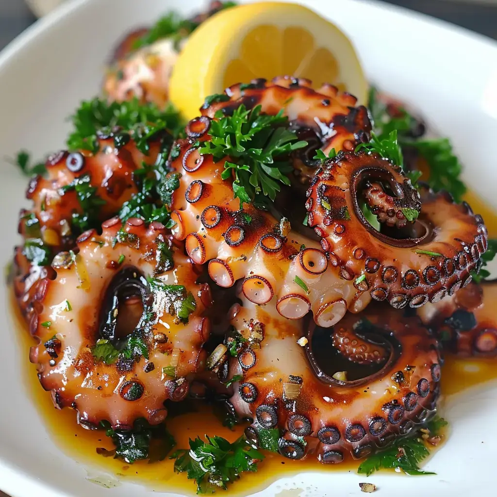 Assiette de morceaux de poulpe grillé garnis de persil et accompagnés d'un quartier de citron.