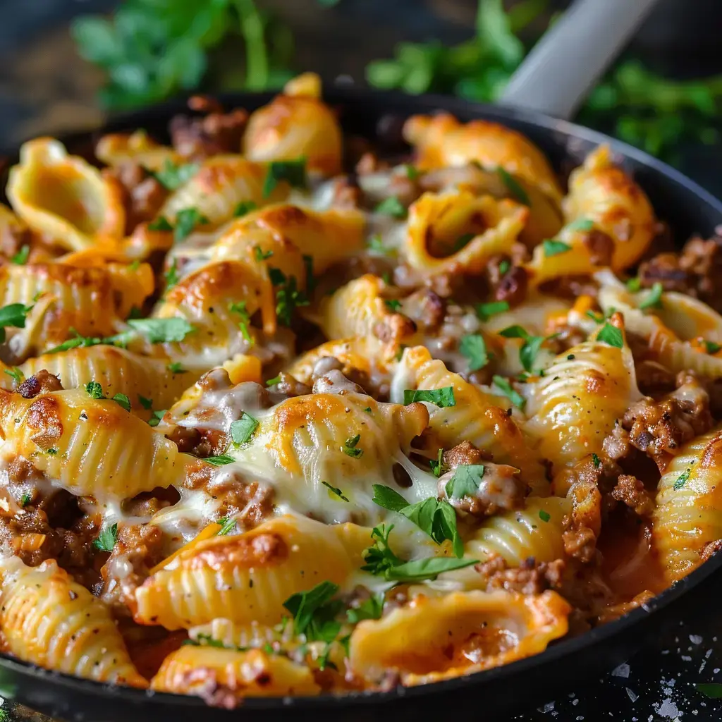 Un plat de pâtes en coquilles, garni de viande hachée, de fromage fondant et de persil frais, dans une poêle.