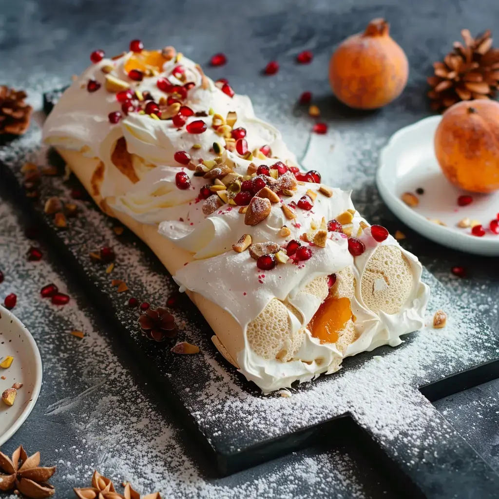 Gâteau roulé à la crème, garni de fruits et de pistaches, décoré de grains de grenade sur une planche noire.