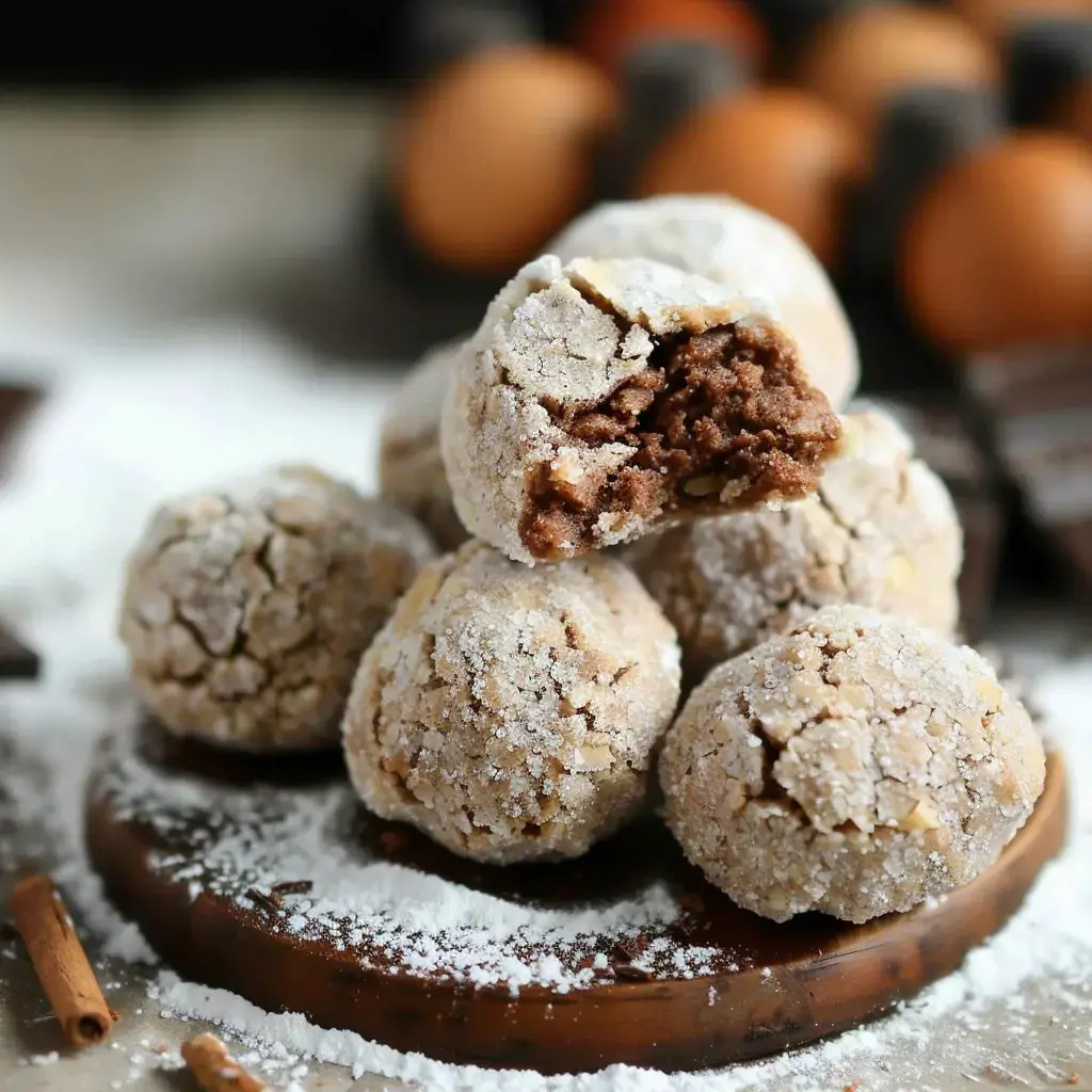 Des boules de pâtisserie sucrées, saupoudrées de sucre glace, sont empilées sur une assiette en bois avec un morceau enlevé pour montrer la garniture chocolatée à l'intérieur.