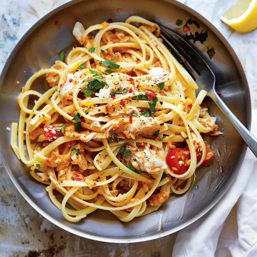 Un plat de spaghetti aux tomates, poulet et herbes aromatiques, servi dans un bol en métal.