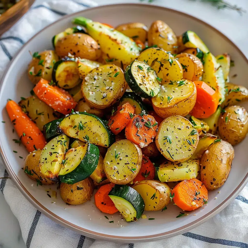 Un plat de légumes rôtis comprenant des pommes de terre, des courgettes et des carottes, assaisonné de thym et de poivre.