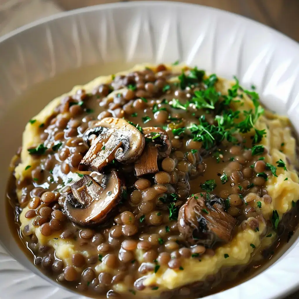 Plat de lentilles servies avec une sauce brune, des champignons tranchés et de la purée de pommes de terre, garnies de persil frais.