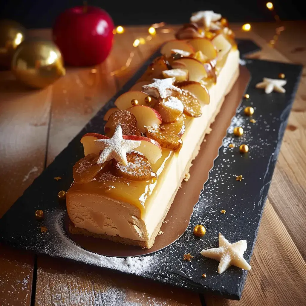 Une bûche de Noël décorée de tranches de pomme, de caramel et de petites étoiles, présentée sur une assiette noire, avec des décorations dorées en arrière-plan.