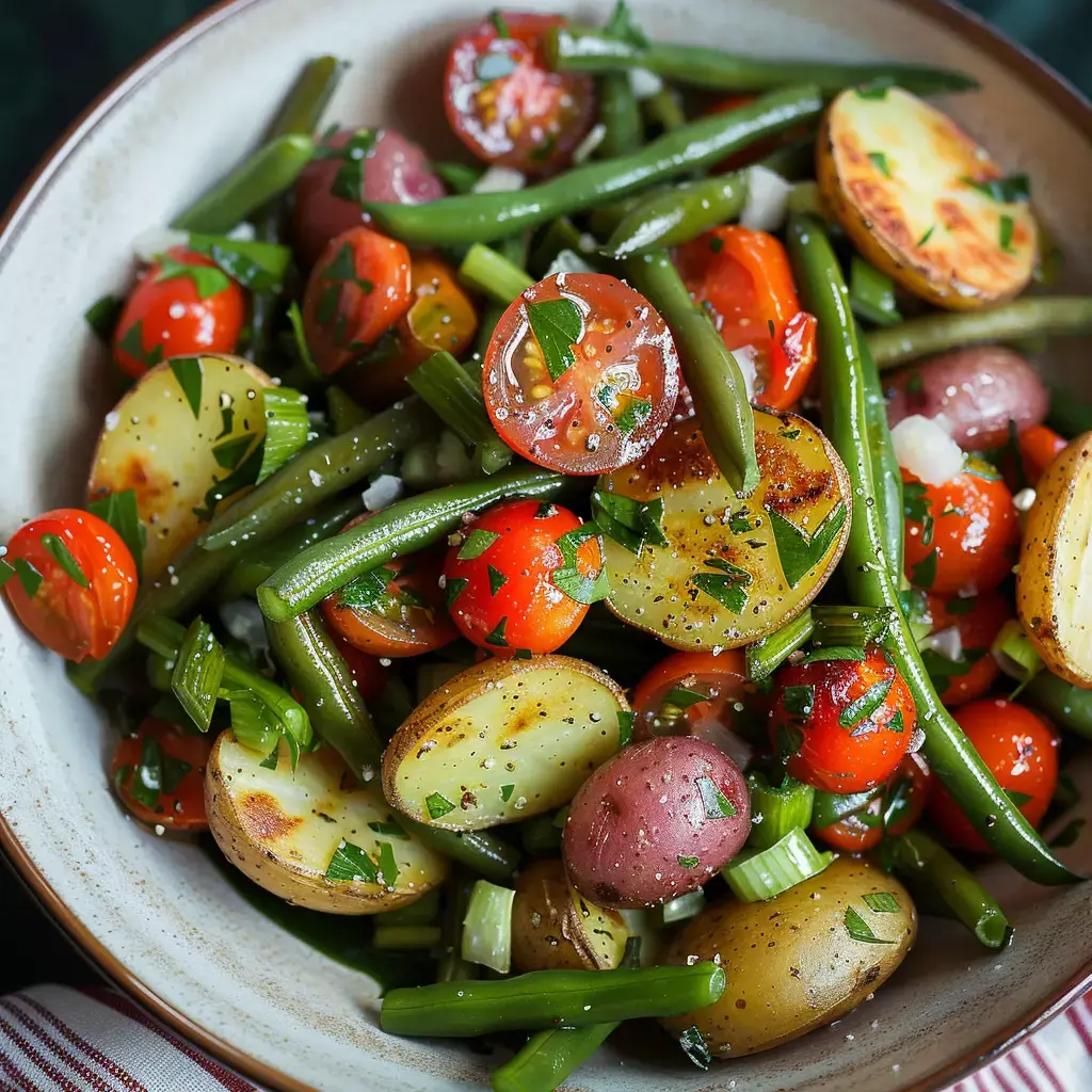 Une assiette de salade colorée composée de haricots verts, de pommes de terre, de tomates cerises et de persil frais.