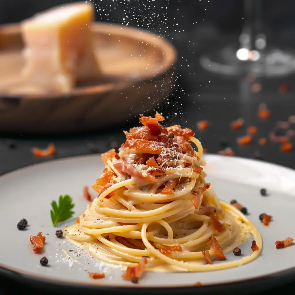 Un plat de spaghetti garnis de lanières de bacon croustillant et de fromage, servi sur une assiette blanche avec une touche de persil.