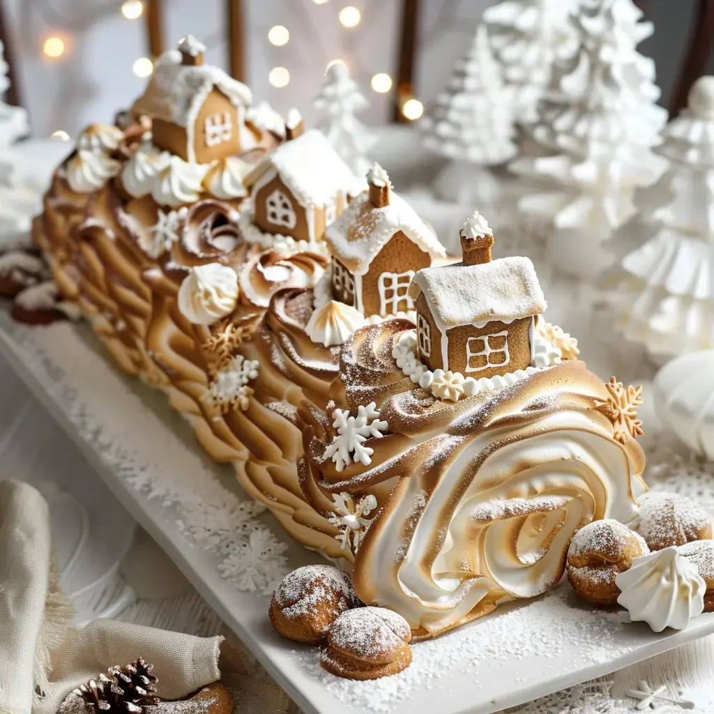 Une bûche de Noël décorée de maisons en pain d'épice, entourée de neige en crêpes, de flocons et de petites douceurs.