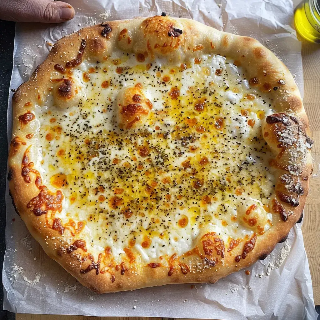 Une pizza au fromage à croûte dorée, avec un dessus de fromage fondu et de poivre noir.