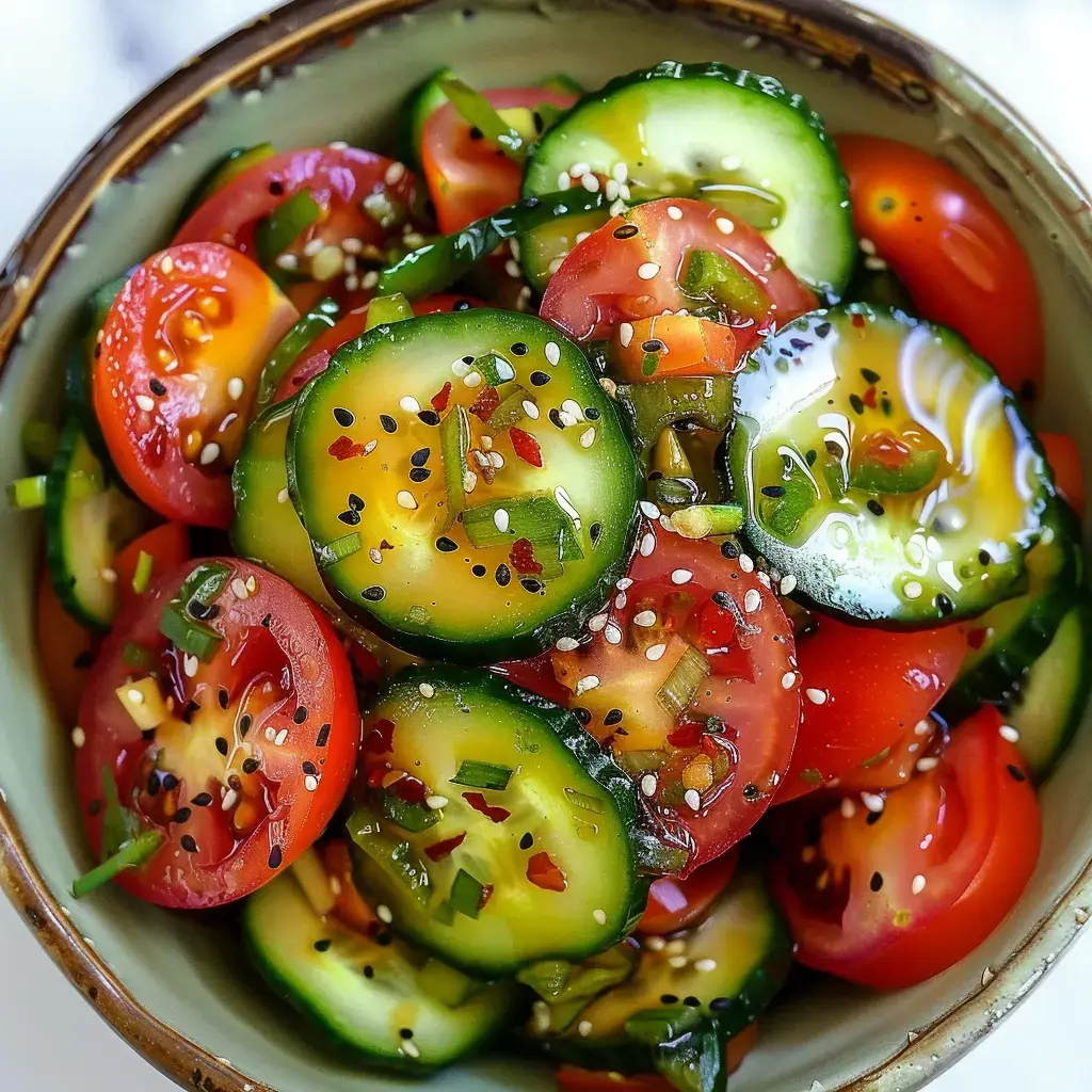 Une salade colorée composée de rondelles de concombre, de tomates cerises et de petits oignons, assaisonnée de graines de sésame et de piments.